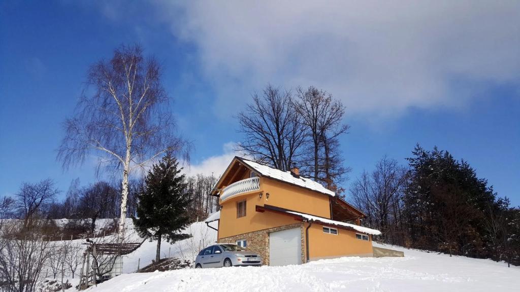 a house with a car parked in the snow at Holiday Home Cakic in Novi Travnik