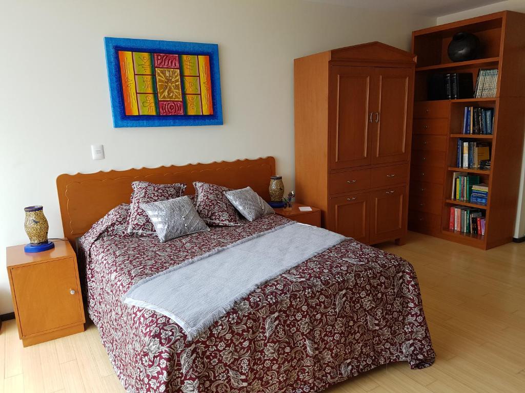 1 dormitorio con cama y estante para libros en Inmejorable en el Sur, en Ciudad de México