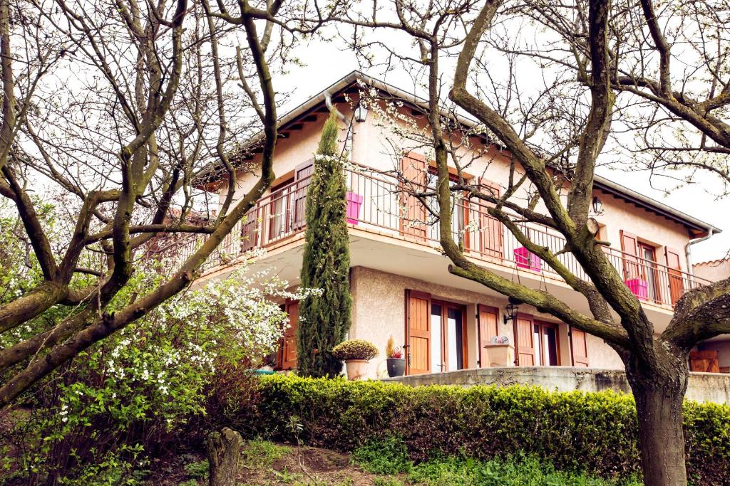 una gran casa rosa con árboles delante en Chambre d'Hôtes des Lys en Montbrison