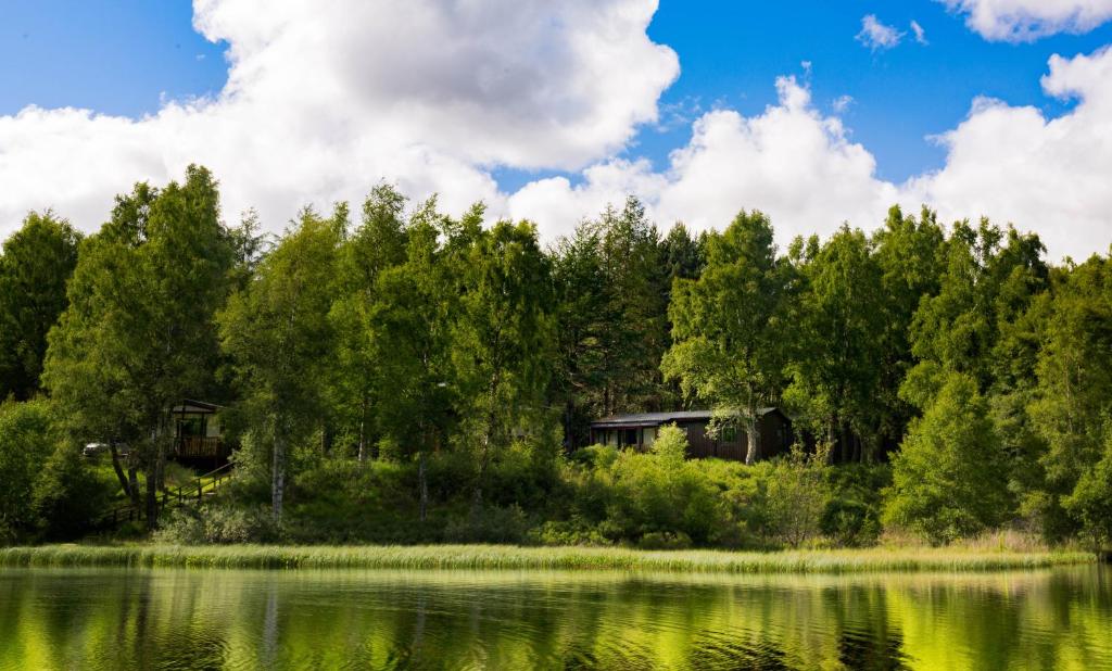 a house on the shore of a lake with trees at Macdonald Lochanhully Resort in Carrbridge