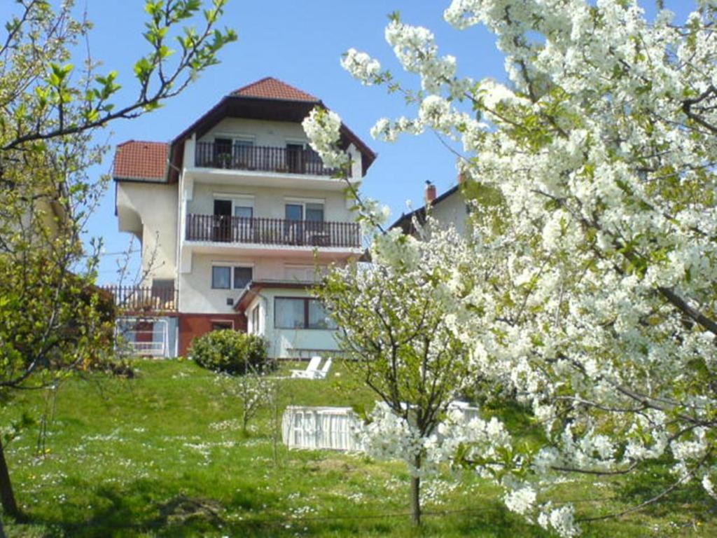 a building on a hill with flowering trees in front of it at Apartman Berki in Hévíz