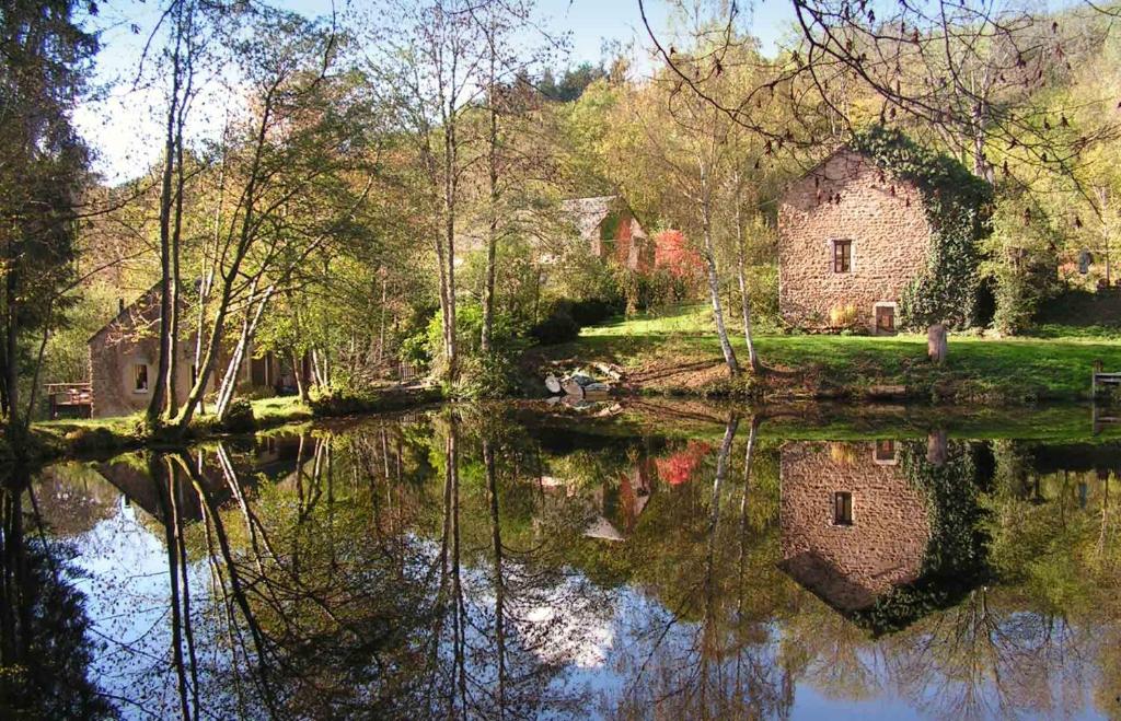 un reflejo de una casa vieja en el agua en Moulin des Vernes, en Ouroux