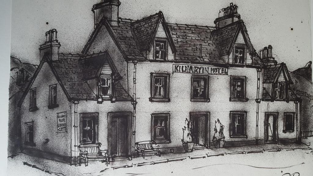 a drawing of a building with a sign on it at Kilmartin Hotel in Kilmartin