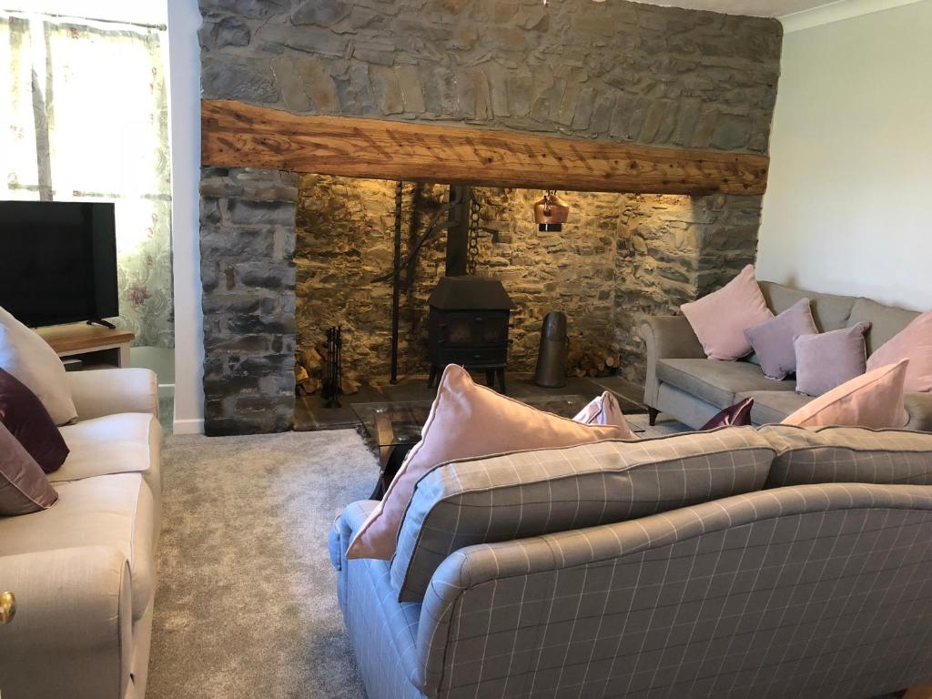 a living room with two couches and a stone fireplace at Pengarreg Fawr in Llanilar