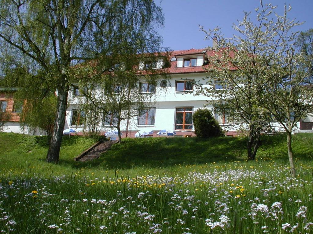 un campo de flores frente a un edificio en Hotel Grünwald, en Ansbach