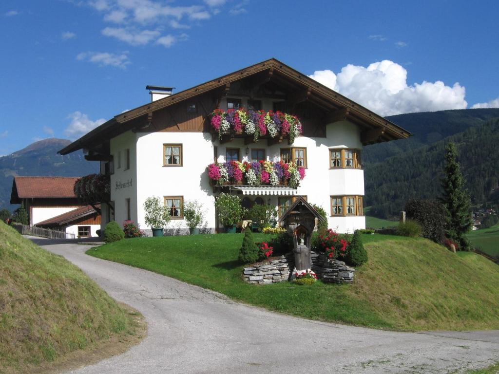 a house with flowers on the side of a road at Schlosserhof in Telfes im Stubai