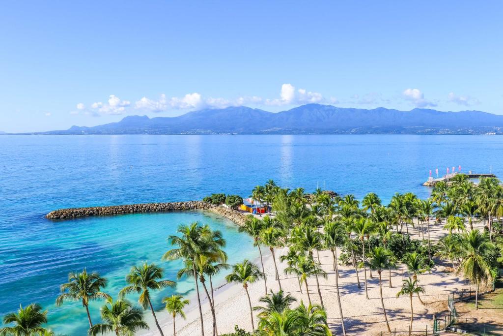 una vista aerea di una spiaggia con palme e l'oceano di Arawak Beach Resort a Le Gosier