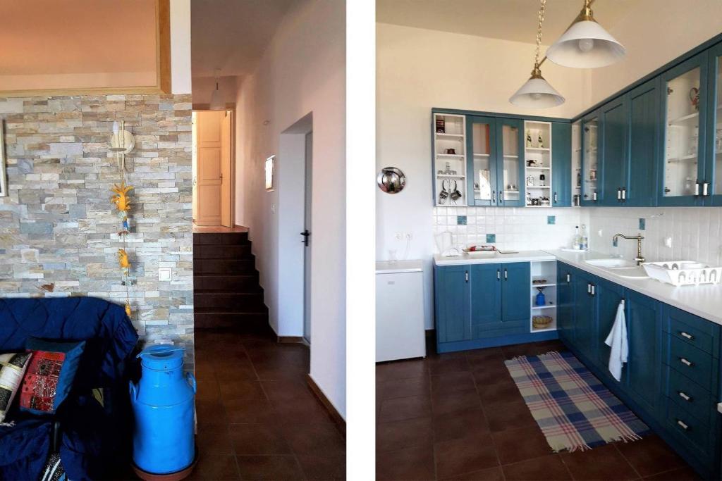 two pictures of a kitchen with blue cabinets at Marvelous Sea View Eco Apt in Ammouliani