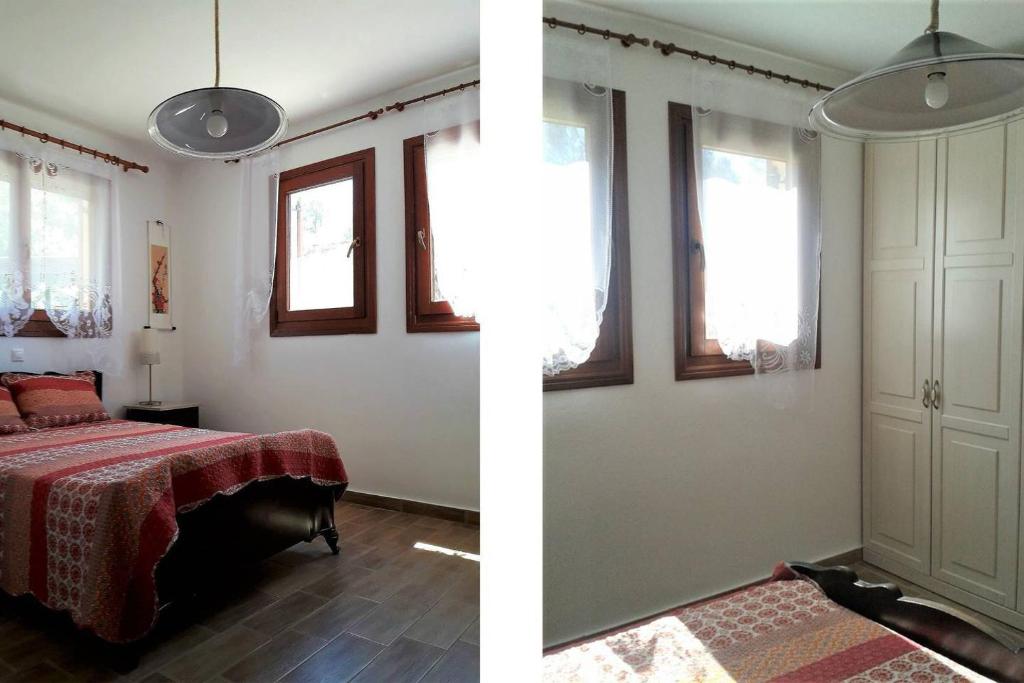two pictures of a bedroom with a bed and windows at Marvelous Sea View Eco Apt in Ammouliani