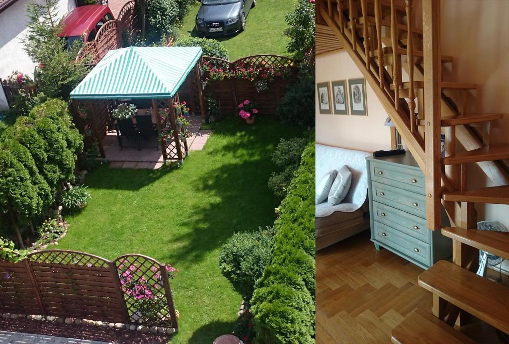 zwei Bilder eines Gartens mit einer Bank und einem Haus in der Unterkunft Apartament Leśmiana in Świnoujście
