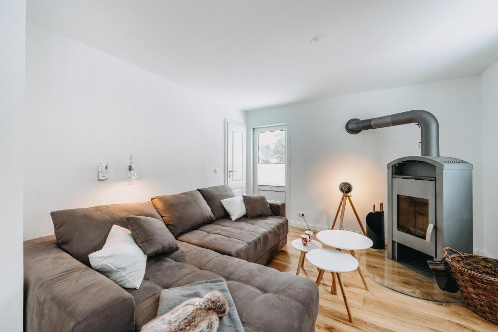 a living room with a couch and a fireplace at Villa Luna Braunlage in Braunlage