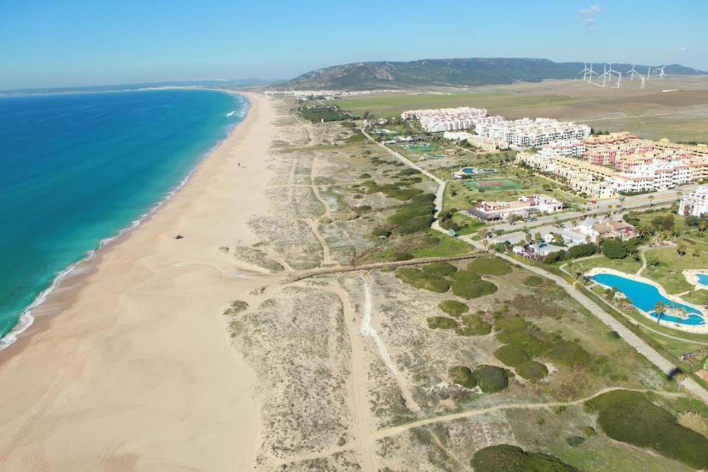 an aerial view of a beach with wind turbines at Apartamentos Vacacionales Atlanterra in Zahara de los Atunes
