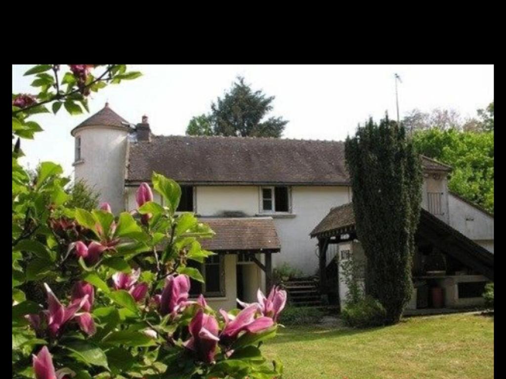 Uma casa branca com flores cor-de-rosa à frente. em Le charme d'othe em Bellechaume