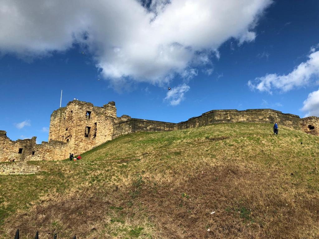 a man standing on top of a hill with a castle at Backhome Flat in Newcastle upon Tyne