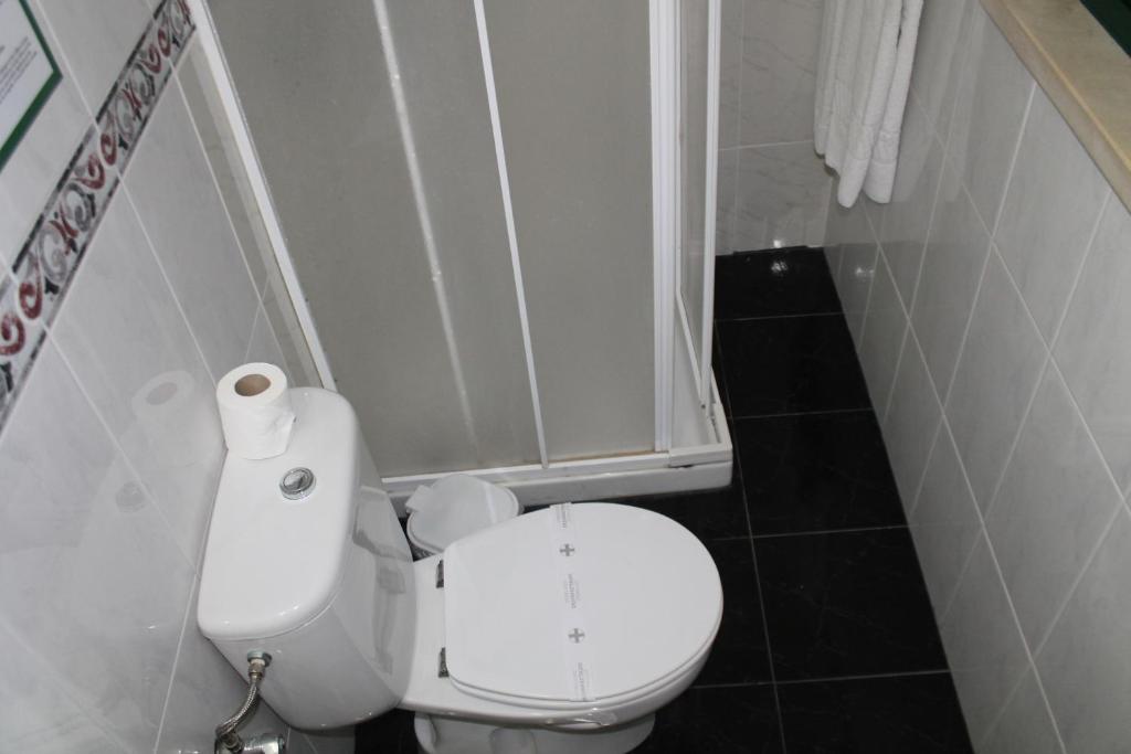 a small bathroom with a toilet and a shower at Real Caparica Hotel in Costa da Caparica
