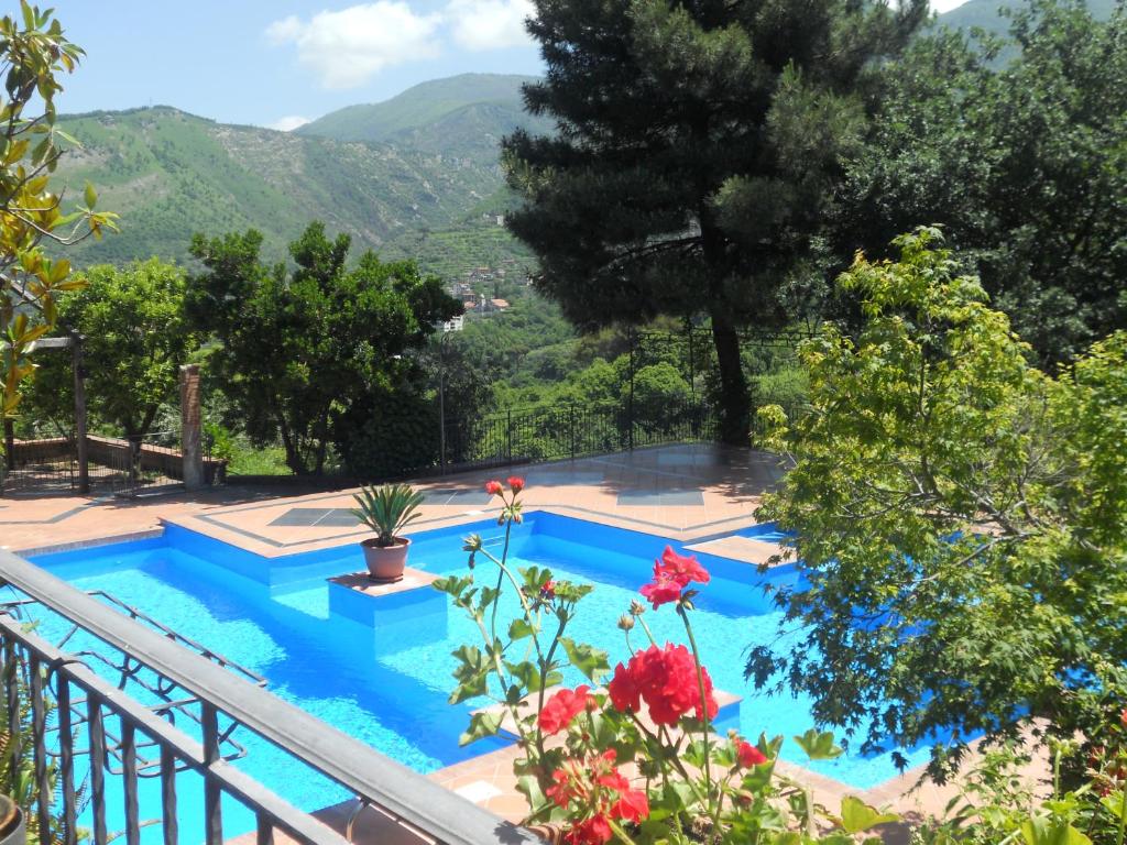 a swimming pool with a view of the mountains at Agriturismo La Casa Del Ghiro in Pimonte
