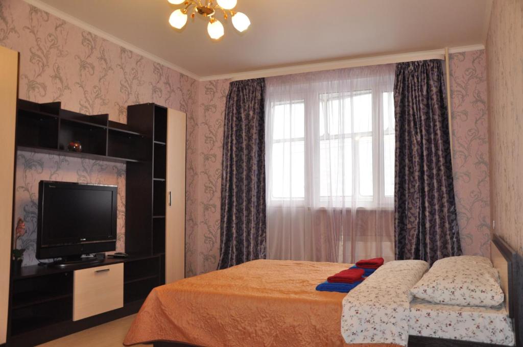 モスクワにあるApartment Olympiaのベッドルーム(ベッド1台、テレビ、窓付)