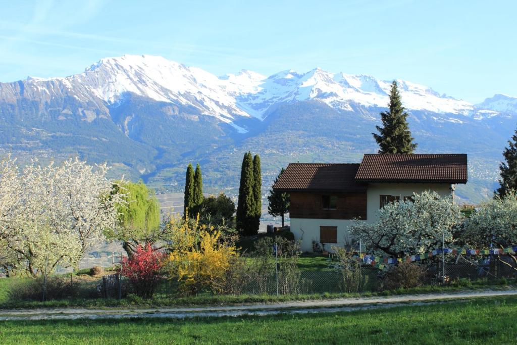 uma casa em primeiro plano com montanhas em segundo plano em Domaine Bellevie BnB em Vex