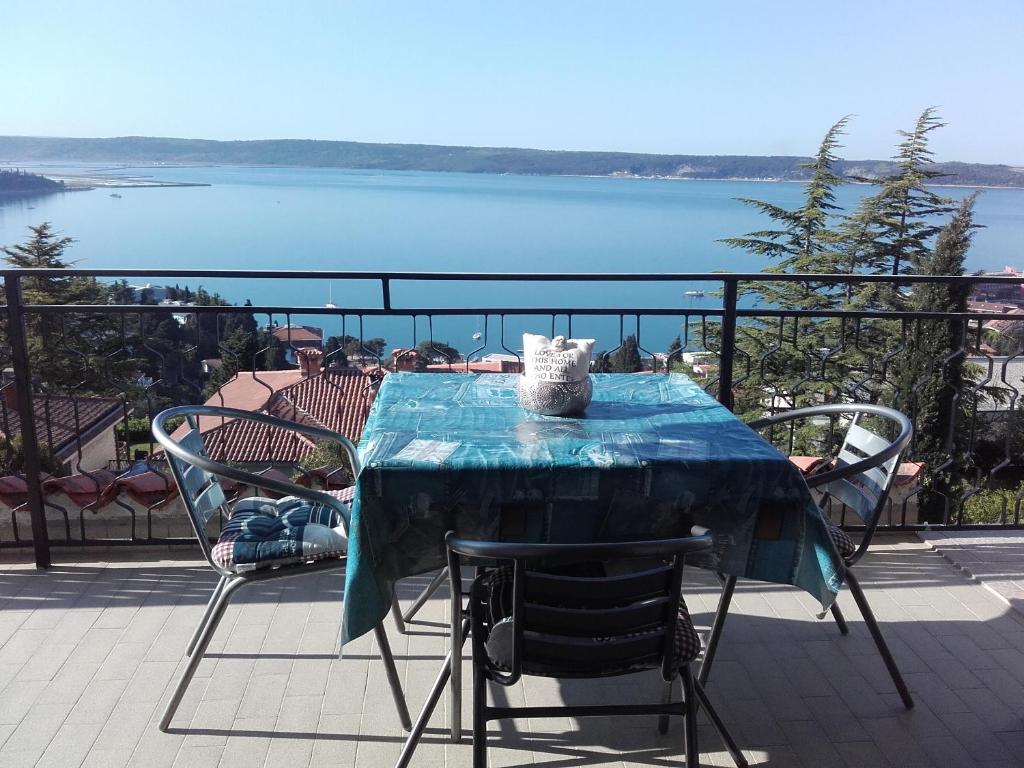 a blue table with chairs and a view of the water at Apartment Frador in Portorož