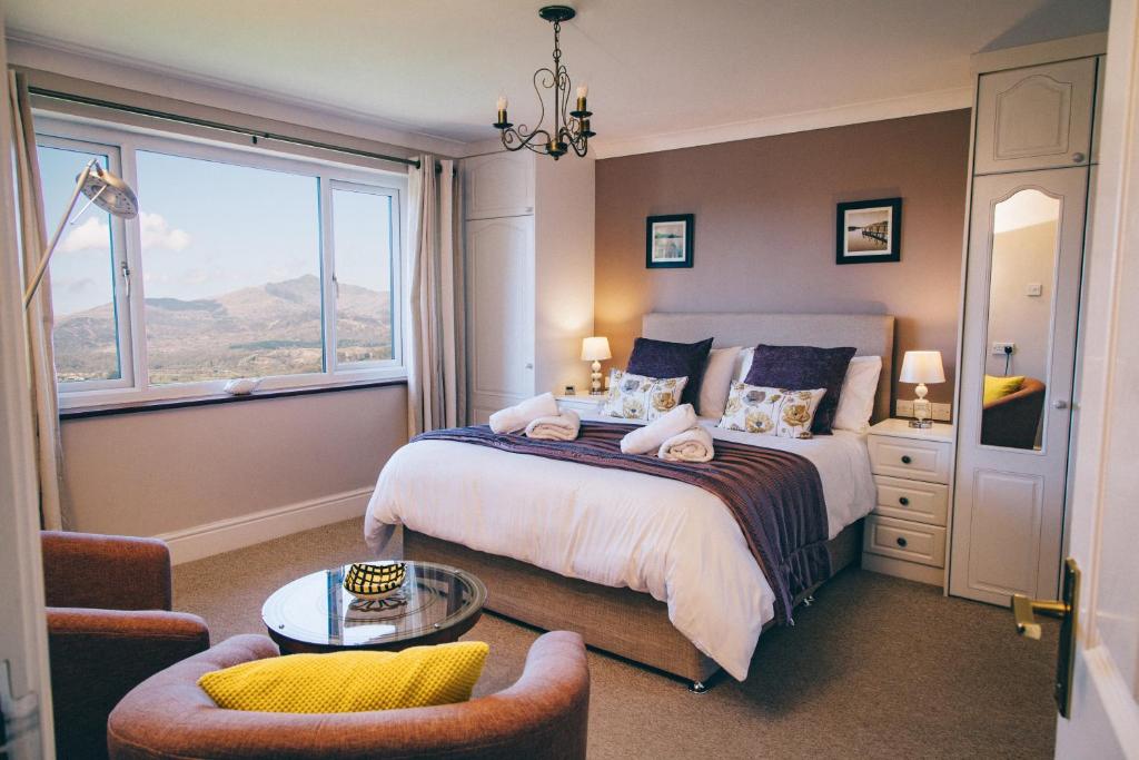 een slaapkamer met een bed en een groot raam bij Ferlas Bed and Breakfast in Penrhyndeudreath