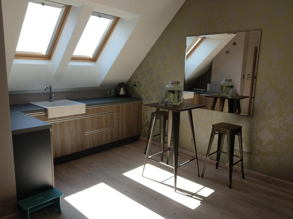 a bathroom with a sink and a mirror at Apartament in Olsztyn