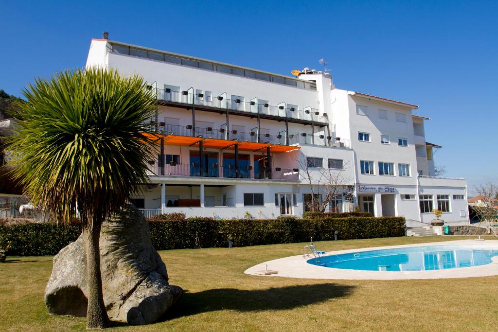 a building with a palm tree in front of a pool at Hotel Aguiar da Pena in Vila Pouca de Aguiar