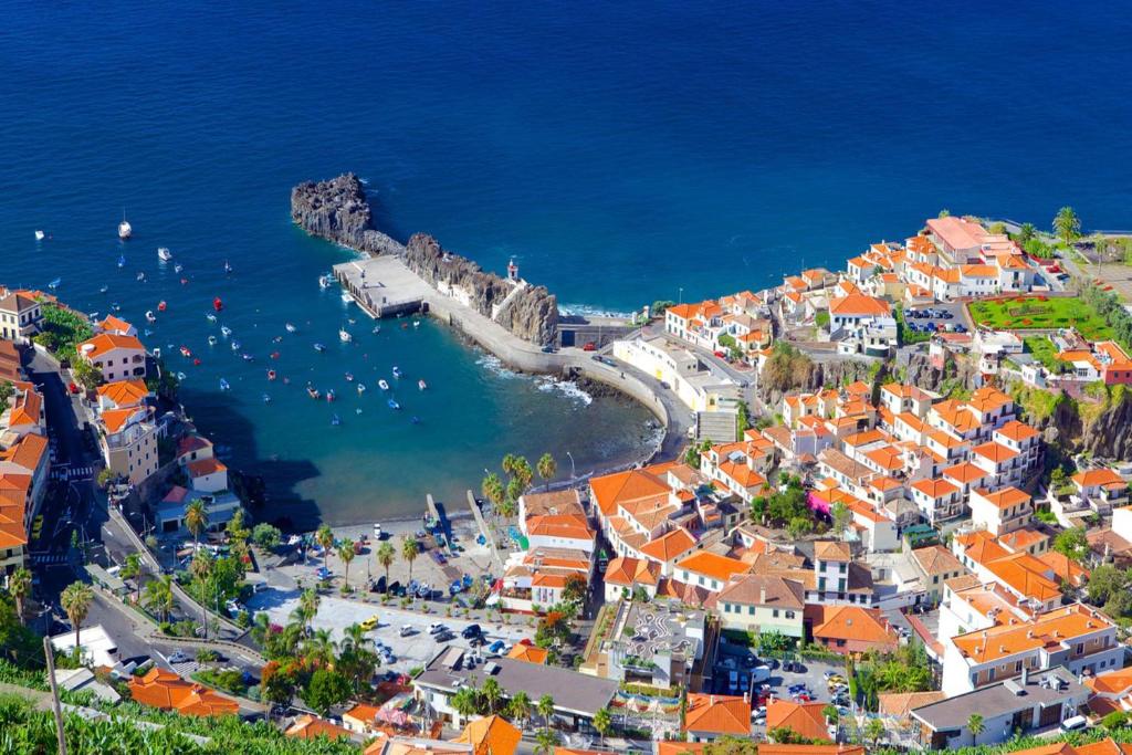 an aerial view of a town next to the ocean at Camara de Lobos Apt by HR Madeira in Câmara de Lobos