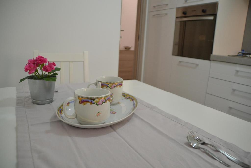 ローマにあるla casetta dei sogniのキッチンカウンターにコーヒーカップ2つと皿1皿