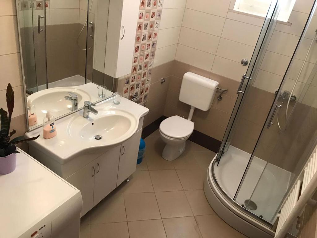 y baño con lavabo, ducha y aseo. en Apartments Jakšić en Supetar