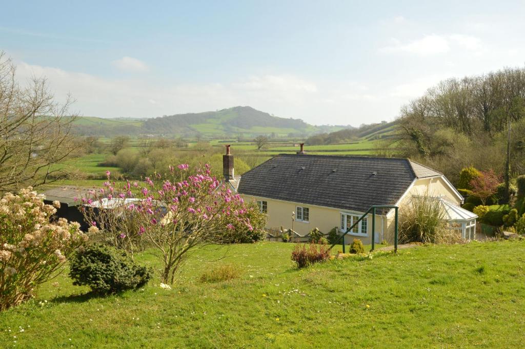 ein Haus inmitten eines Feldes mit Blumen in der Unterkunft Bryn Hebog in Carmarthen