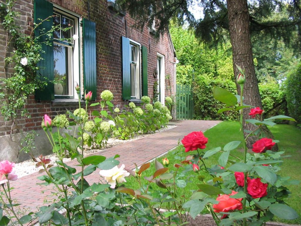 a brick house with a garden of roses at De Erfdijk in Herpen