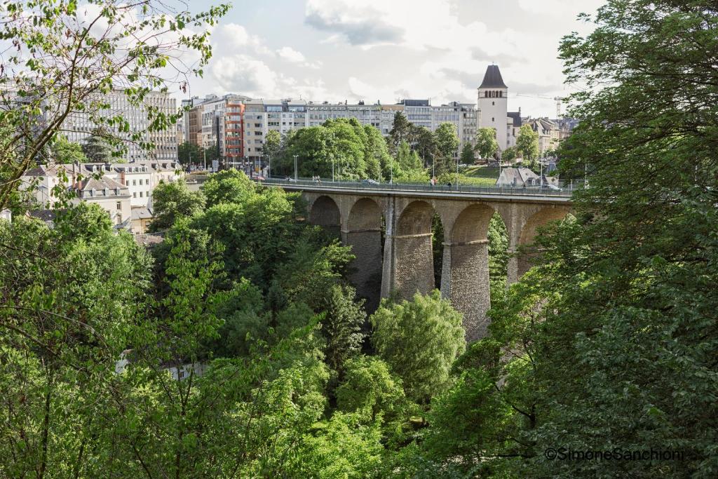 uma ponte numa cidade com edifícios e árvores em The Queen Luxury Apartments - Villa Cortina em Luxemburgo