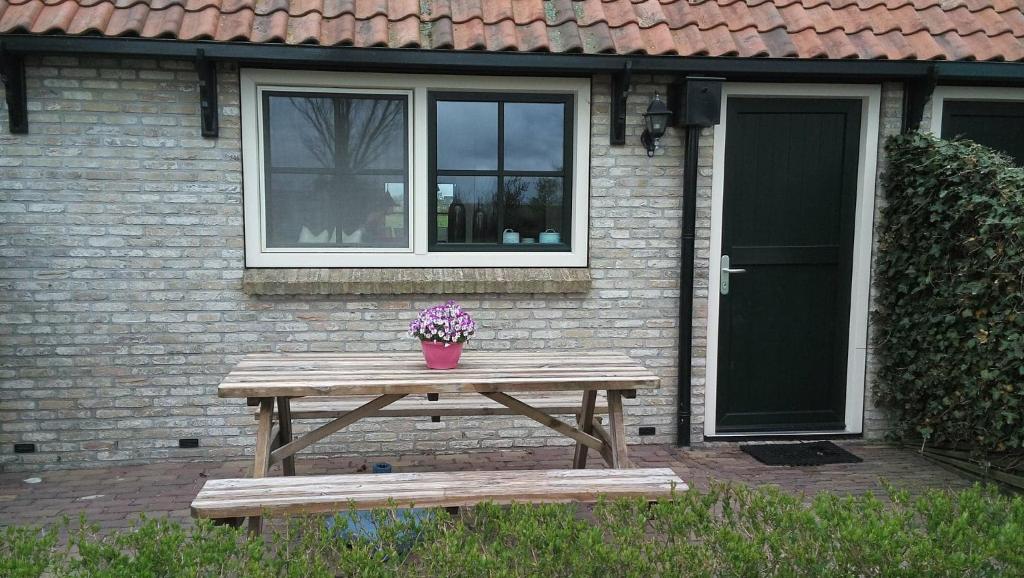 uma mesa de piquenique com um vaso de planta em frente a uma casa em Uut in Thuus 21A em Buren