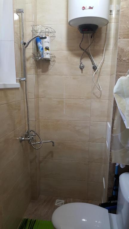 ゼレノグラーツクにあるApartment u bashniのバスルーム(シャワー、トイレ、洗面台付)