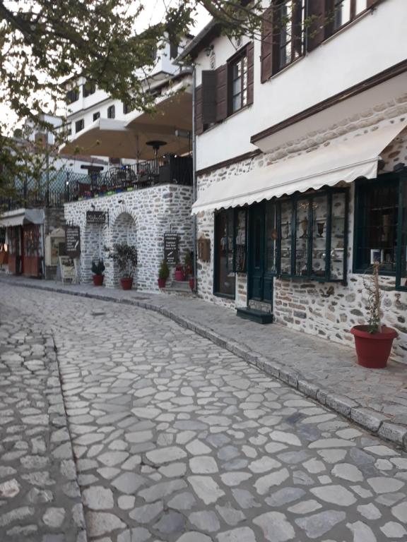 a cobblestone street in front of a building at Mansion Theodora in Makrinítsa
