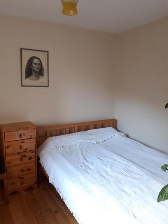 una camera con letto e cassettiera e una foto di Kopu 9 a Nida