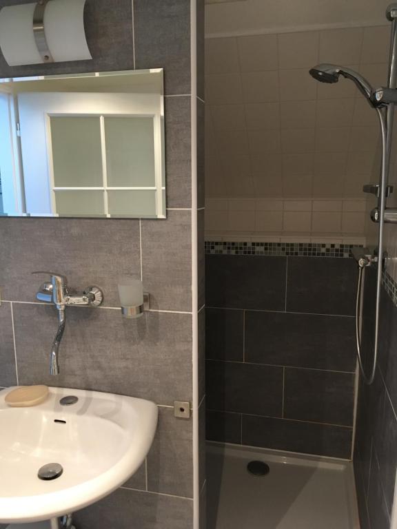 uma casa de banho com um lavatório e um chuveiro em Ubytování u Hořejších na statku em Křemže