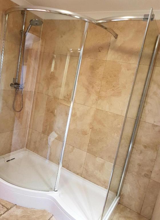 a shower with a glass enclosure in a bathroom at King's Head Inn in Llangennith