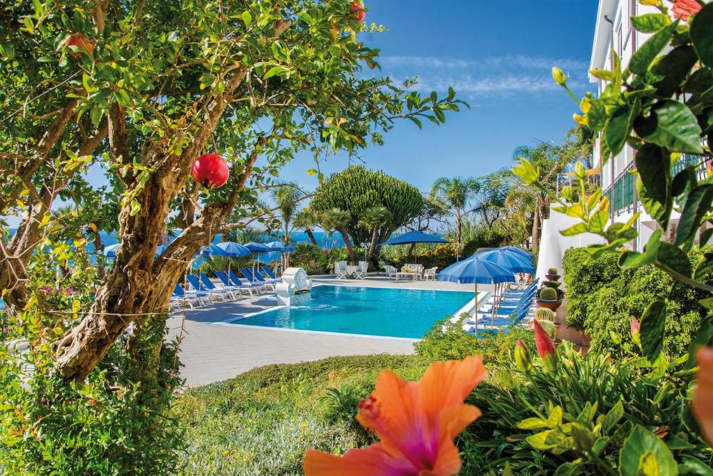 uma piscina num resort com cadeiras e guarda-sóis em Hotel Capizzo em Ischia