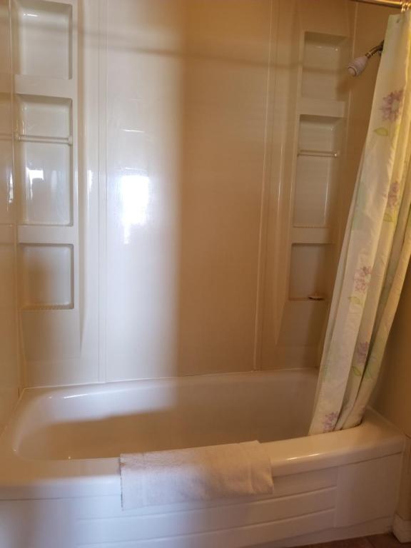 a bathroom with a bath tub with a shower curtain at Melsask Motel in Melville