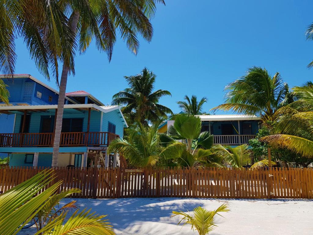 a blue house with palm trees and a fence at Carolyn's House in Caye Caulker