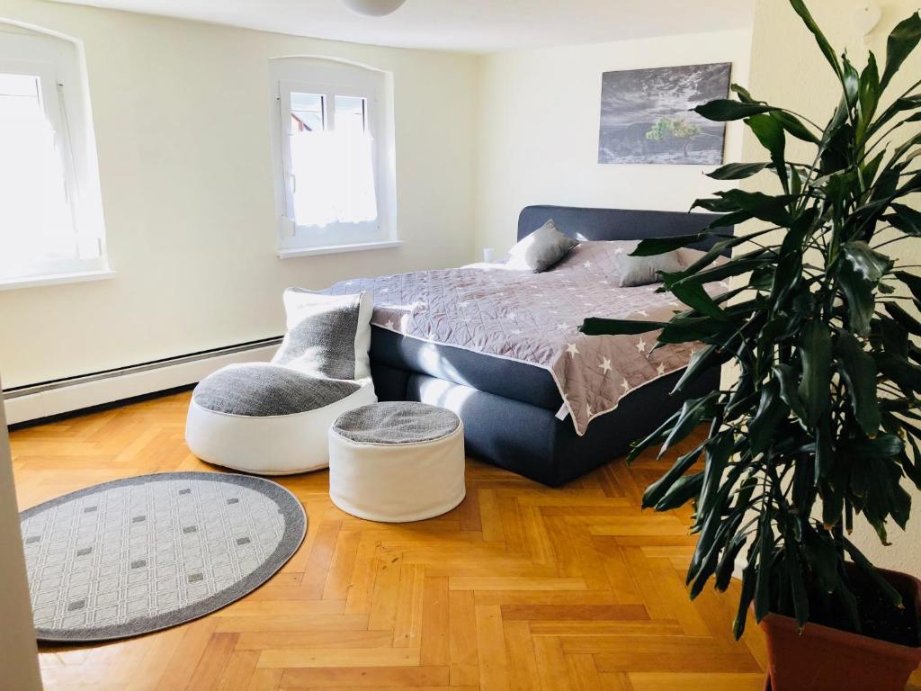 1 dormitorio con 1 cama y una maceta en Pension Holzgarten, en Regensburg