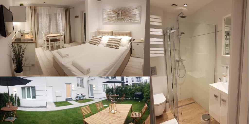 two pictures of a bedroom and a bathroom at KarlikowskaINN in Sopot