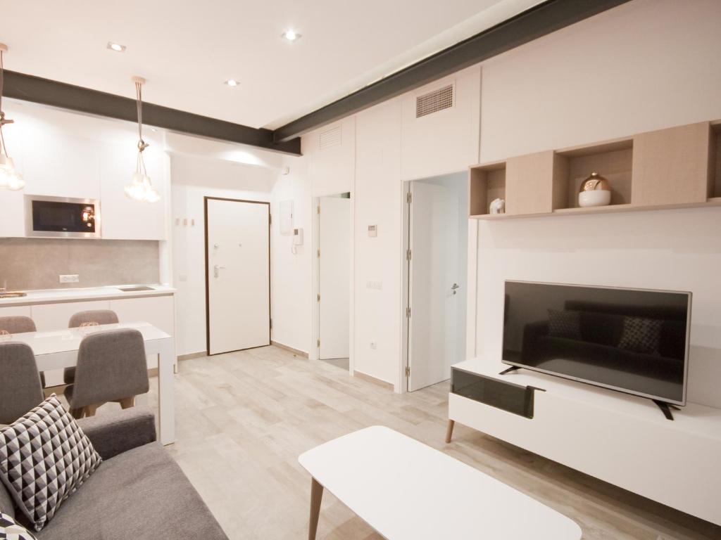 a living room with a couch and a tv and a table at Apartamento nuevo y de lujo en puerta del sol in Madrid