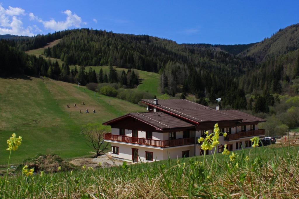 ein Haus inmitten eines grasbewachsenen Hügels in der Unterkunft Hotel Studničky in Vernár