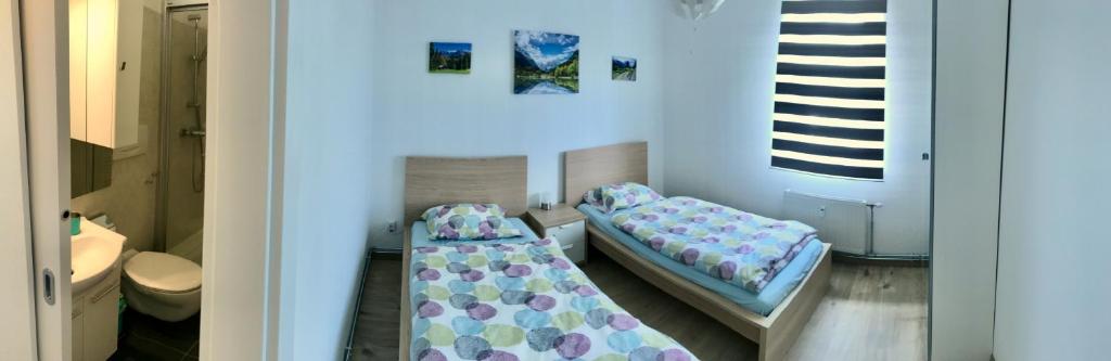 um quarto de hospital com duas camas e um WC em Ferienwohnung Villa Seeblick em Bodensdorf