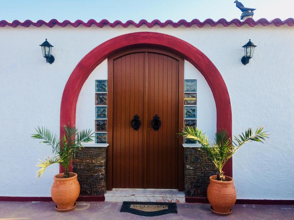 a house with a wooden door and two potted plants at Villa Ampelia in Sitia