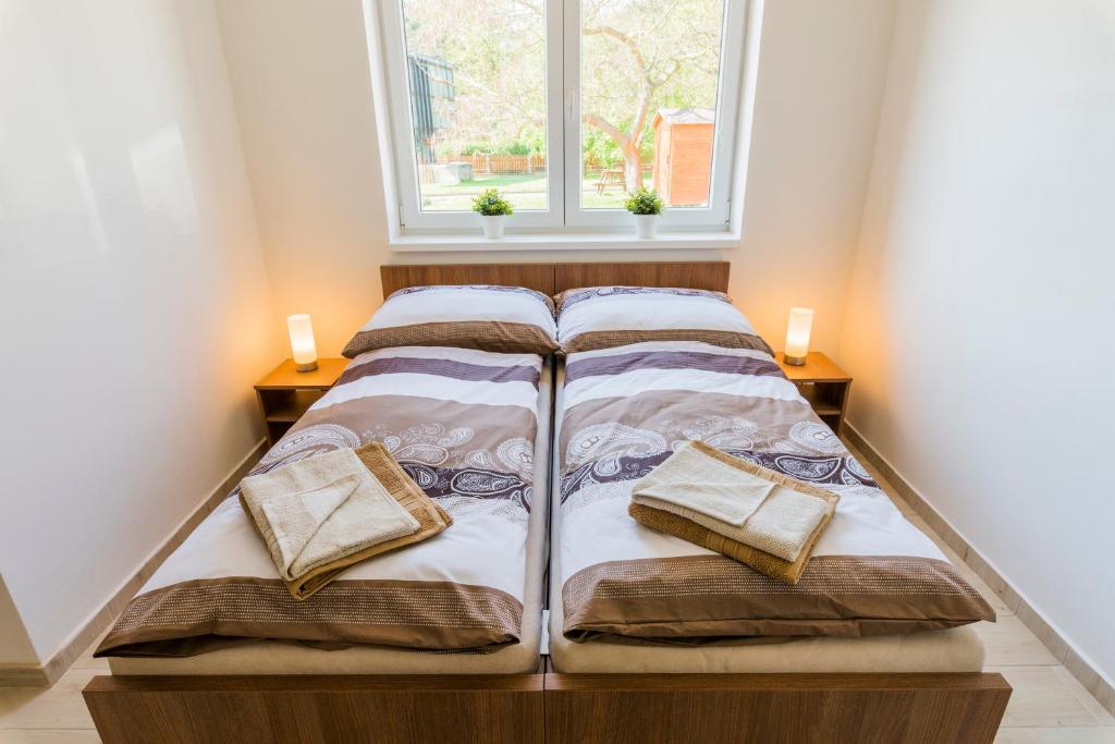 Duas camas num quarto com uma janela em Penzion Piranha em Mělník