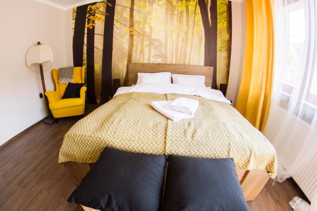ヴィスワにあるWilla Jerzykówkaのベッドルーム1室(ベッド1台、黄色い椅子付)