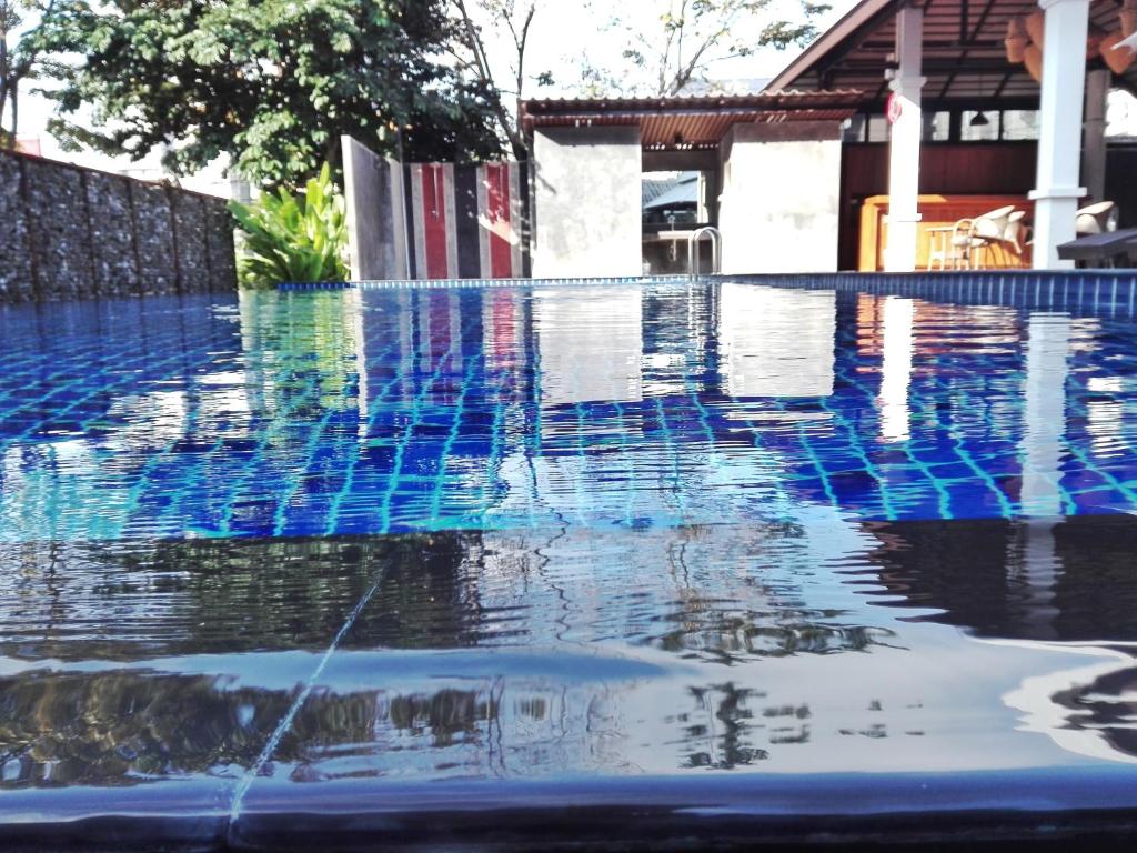 A low water-level view across the blue-tiled pool toward covered hotel grounds.